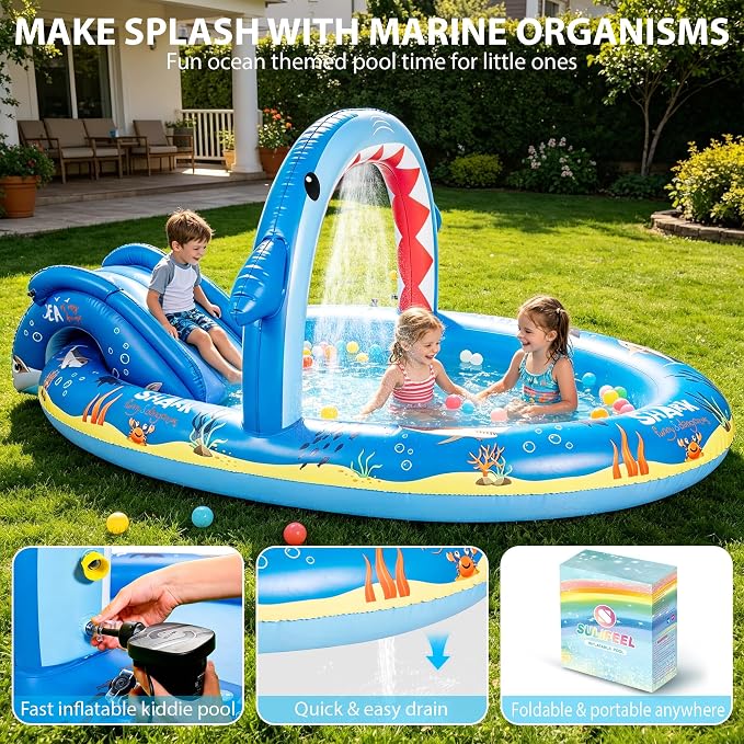 Inflatable Ocean Shark Play Center, Summer Splash Pad Kids Pool with Slide&Sprinkler, Blow Up Toddler Water Pool for Backyard and Garden 96''x59''x39''