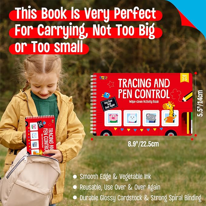 Tracing & Pen Control Pad for Kids, 30 Pages Reusable & Erasable Handwriting & Drawing Practices, Alphabet ABC and Number 123 Tracing Workbook Educational Montessori Tool for Autism, Toddlers 3-5