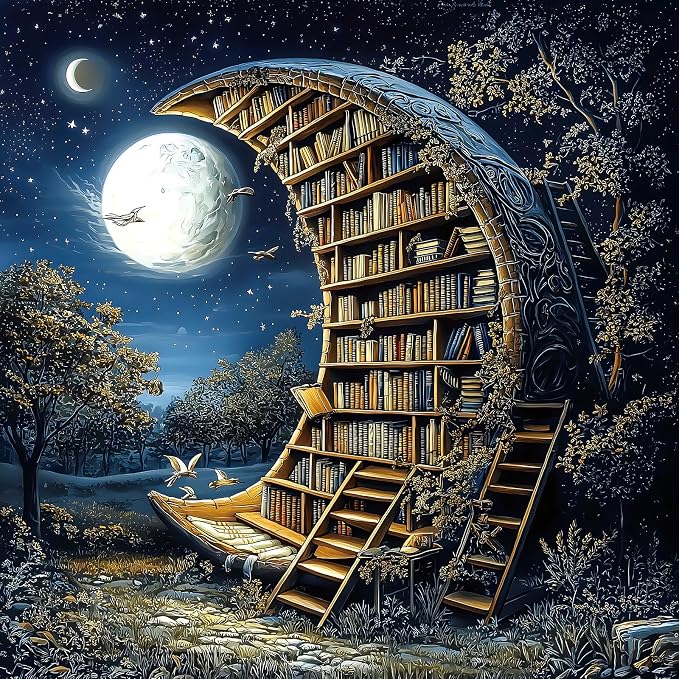 Moonlit Book Haven 500-Piece Adult Jigsaw Puzzle: Enchanted Night Library Fantasy Scene, 20x20 Inches – Mindful Relaxation & Cozy Hobby