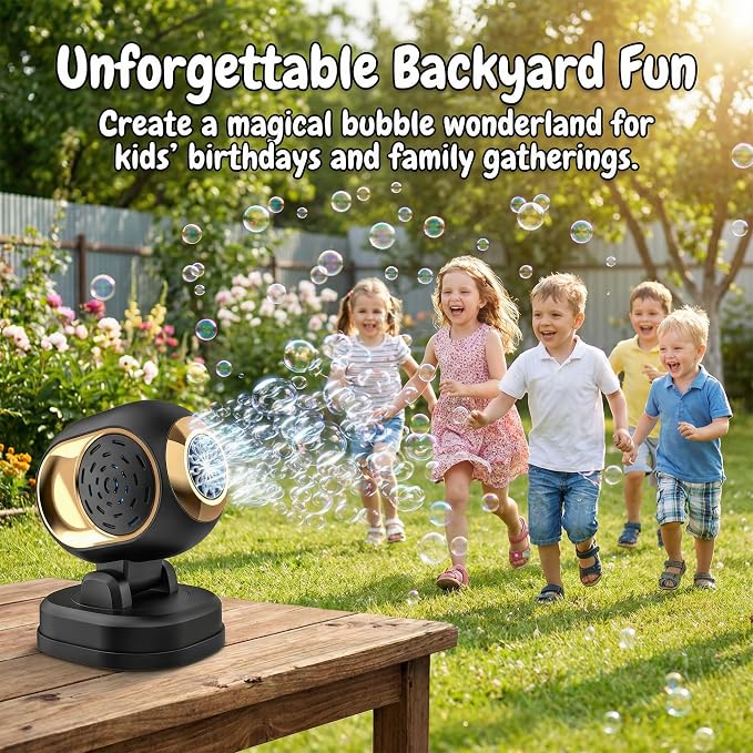 KYWYOYOU Rotating Bubble Machine with Lights, Rechargeable Automatic Maker | Adjustable angle blower for kids, parties, outdoor weddings, and birthdays. Includes 10 concentrated liquid solution refills.