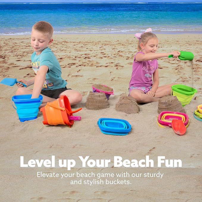 Sloosh 3-Pack Collapsible Sand Toys - Square Foldable Pail Silicone Beach Water Bucket with 3 Shovels for Sandbox Play, Party in Summer Portable Toddler Kids Toys Beach Travel (Orange/Blue/Green)