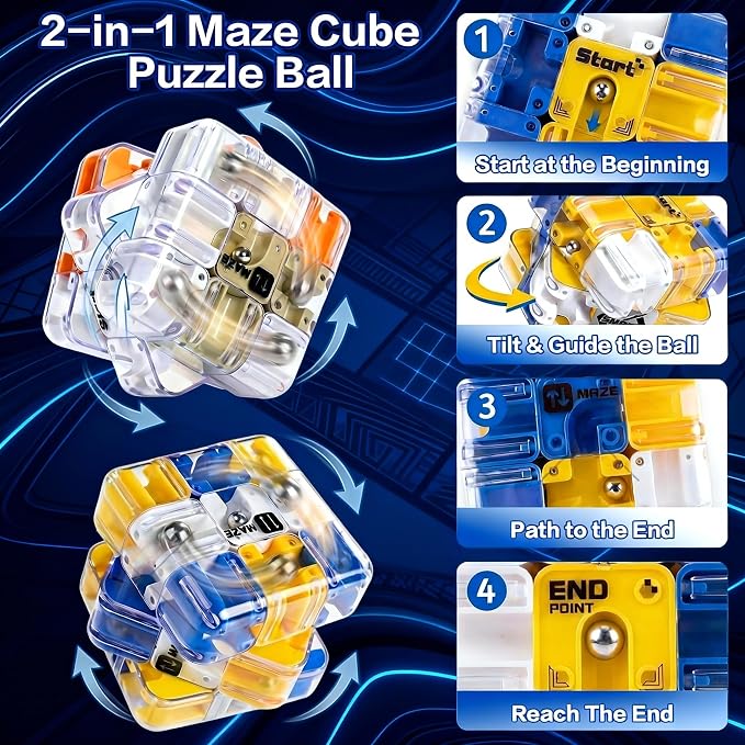 3D Maze Cube - 2-in-1 Twist & Roll Brain Teaser Toy for Kids & Adults, Large Labyrinth Logic Game, Educational STEM Gift for Boys Girls (Blue)