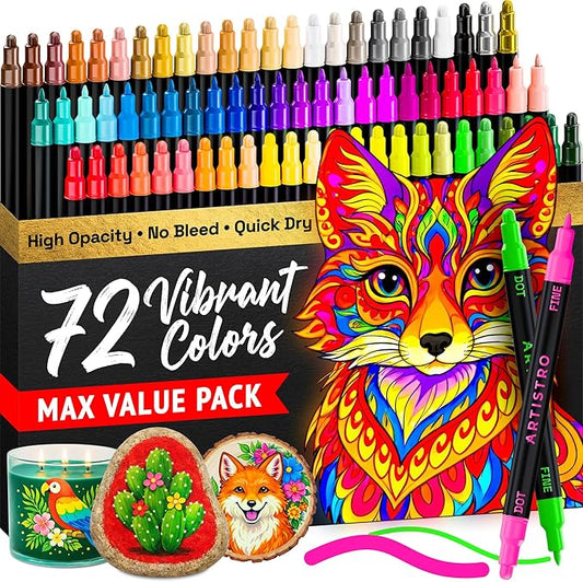 ARTISTRO 72 Precision Dual-Tip Acrylic Paint Markers – Paint Pens Set with Dot & Fine Tips for Fabric, Rock, Glass, Wood, Coloring Books – Arts & Crafts Gift – Classroom Must Haves & School Supplies