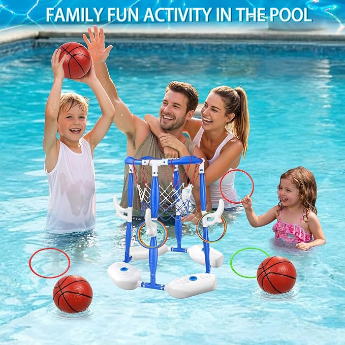 Pool Basketball Hoop, 2-in-1 Floating Basketball Hoop & Ring Games with 4 Balls 12 Rings and Pump, Outdoor Family Party Water Swimming Pool Basketball Float Toys for Kids Ages 4-8 8-12