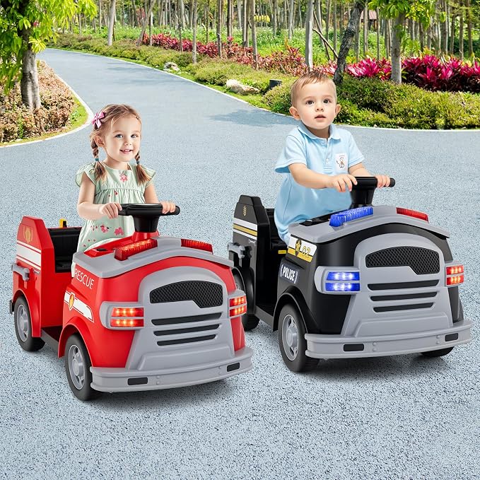Costzon Ride on Fire Truck, 12V Toddler Fire Toy Kids Car w/Shovel & Wrench, Fire Extinguisher, Ladder, Safety Hat, 4 Anti-Slip Wheels, Music, Alarm, Horn, Electric Vehicle Gift for Toddlers (Red)