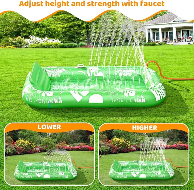 Inflatable Tanning Pool Lounger Float with Sprinkler, 77" x 48" Pool Floats Adult with Pillow, 6 in 1 Suntan Tub Raft Floatie with Drink Holder Sunbathing Water Lounge
