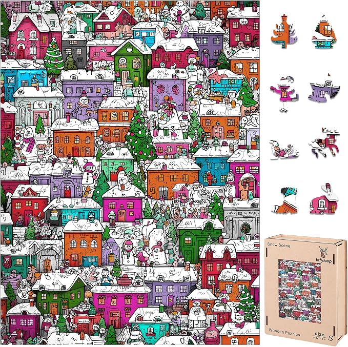 Ixfyloop Christmas Village Puzzles for Adults, Winter Building Wooden Jigsaw Puzzles 200 Pieces, Snowman House Unique Shaped, Challenging Puzzle Perfect for Family Games Lovers 8.9x11.8 Inch