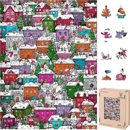 Ixfyloop Christmas Village Puzzles for Adults, Winter Building Wooden Jigsaw Puzzles 200 Pieces, Snowman House Unique Shaped, Challenging Puzzle Perfect for Family Games Lovers 8.9x11.8 Inch