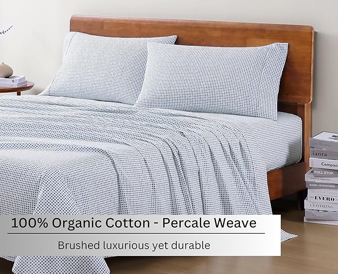 LANE LINEN 100% Organic Cotton Full Sheets Set Soft & Comfy Percale Long Staple Soft Bedding Breathable Fully Elasticized Mercerized Printed Cotton Full Size Set - Polka Dot | Full Sheet Set, GOTS Certified Organic Cotton Percale - Best-Value Organic C...