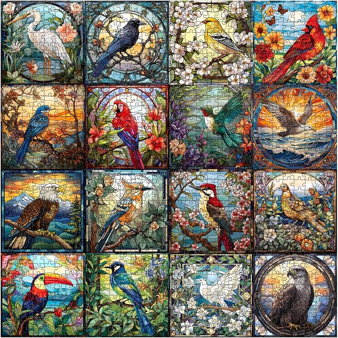 Stained Glass Puzzles for Adults 1000 Pieces, Bird Puzzles for Adults Flower with Cardinal Bird Parrot Hummingbird, Impossible Hard Challenging Jigsaw Puzzles