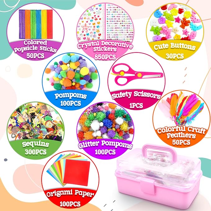 LINAYE 3000PCS Arts and Crafts Supplies Kit for Kids, DIY Craft Box Kits, Craft Supplies Set Include Pompoms, Pipe Cleaners for Kids Ages 4-6 6-8 Birthday Christmas Gifts for Boys Girls Rose