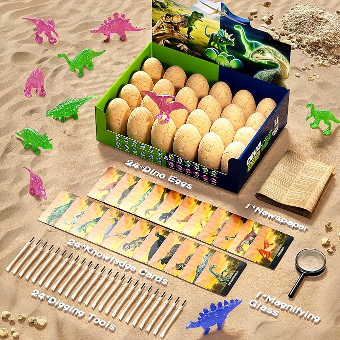 24 Glow in The Dark Dinosaur Eggs, Dig Kit Toys for Kids, Dinosaur Eggs Excavation Kit with Magnifier, Easter Basket Stuffers, STEM Party Favor Gifts for Boys Girls Age 3 4 5 6 7 8 9 10 + Years Old