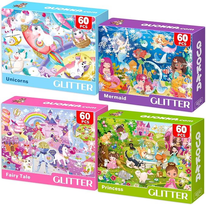 QUOKKA Puzzles for Kids Ages 4-6 - Set of 4x60 Jigsaw Puzzles for Toddlers 3-5 - Glitter Unicorn Princess Animals Toys for Children 6-8 yo - Gift Educational Game for Boys & Girls