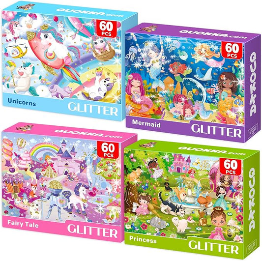 QUOKKA Puzzles for Kids Ages 4-6 - Set of 4x60 Jigsaw Puzzles for Toddlers 3-5 - Glitter Unicorn Princess Animals Toys for Children 6-8 yo - Gift Educational Game for Boys & Girls