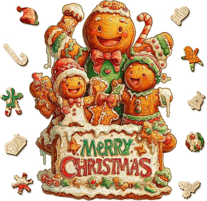 Leodozzio Christmas Wooden Puzzles for Adults & Kids, Gingerbread Family Puzzle 200 Pieces, 5MM Unique Shape Winter Jigsaw Wood Puzzle for Grandkids, Holiday Decoration Gifts, Family Game, 9x12.2 in