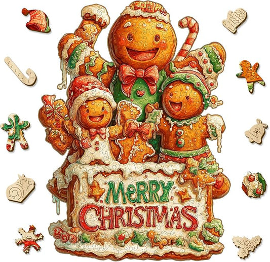 Leodozzio Christmas Wooden Puzzles for Adults & Kids, Gingerbread Family Puzzle 200 Pieces, 5MM Unique Shape Winter Jigsaw Wood Puzzle for Grandkids, Holiday Decoration Gifts, Family Game, 9x12.2 in