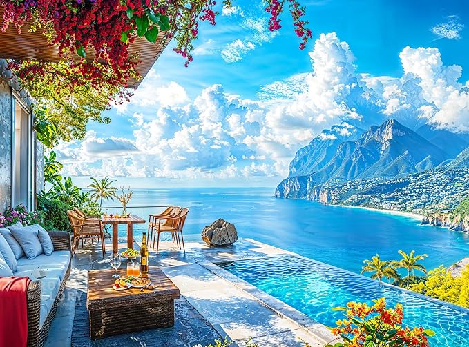 Cross & Glory - Patio by the Sea - 1000 Piece Jigsaw Puzzle for Adults | Serene Coastal Patio and Ocean View Puzzle | Challenging Puzzle for Adults | Eco-Friendly Materials