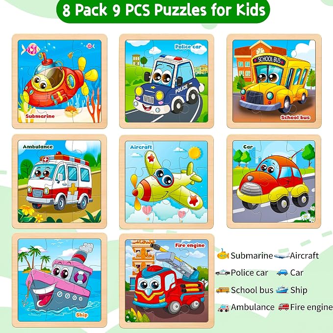 Wooden Vehicle Puzzles for Toddlers, 8 Pack 9 PCS Jigsaw Puzzles for Kids, Wooden Puzzles for Toddlers 3-5, Vehicle Puzzles for Kids 3-5, Preschool Puzzles Learning Educational Sets Toys