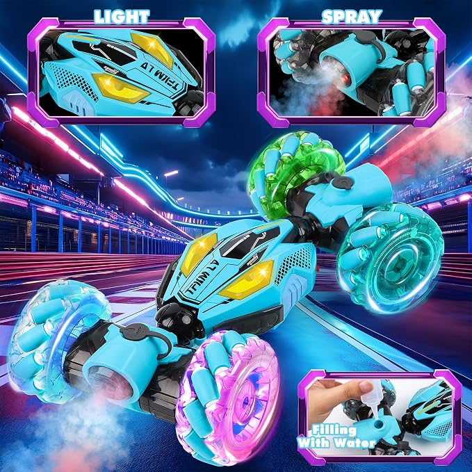 Gesture Sensing RC Stunt Car - Boys Toys Age 6-12 Year Old for Birthday Gifts, 2.4GHz 4WD Remote Control Toy with Dual Spray, All-Terrain Off-Road Vehicle with Lights & Music