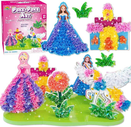 AGENTLAN Poke Art Princess & Unicorn Kit, Mess-Free Craft Set for Girls | Princess & unicorn designs, pre-cut fabric squares, poke craft activity, screen-free toy, birthday gift for girls ages 3-8