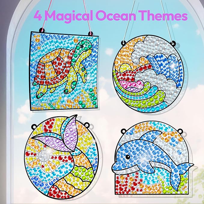 Klever Kits Diamond Art Kits for Kids, 4PCS Gem Painting Kit, Window Art Suncatchers Mosaic Kits Crafts for Girls Boy Birthday Gifts Toys Age 6+