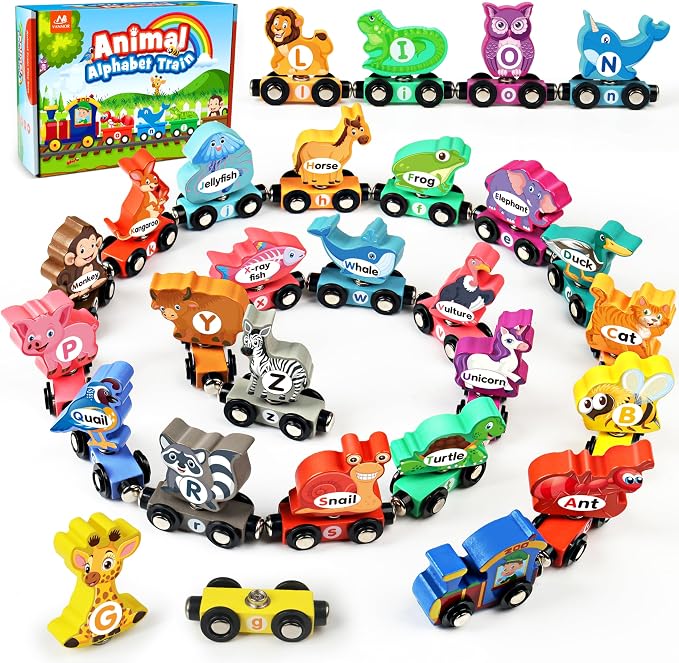 Vanmor Wooden Alphabet Train Set for Toddlers 3-5, Magnetic Animal ABC Train with Uppercase & Lowercase Letter Matching, Montessori Phonics Learning Toy for Preschool & Kindergarten Boys Girls