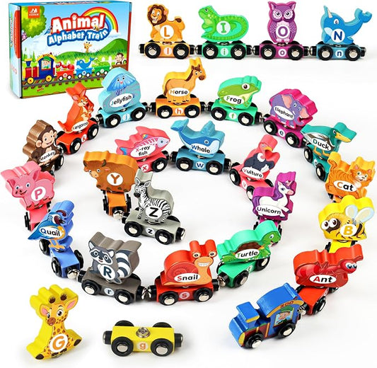 Vanmor Wooden Alphabet Train Set for Toddlers 3-5, Magnetic Animal ABC Train with Uppercase & Lowercase Letter Matching, Montessori Phonics Learning Toy for Preschool & Kindergarten Boys Girls
