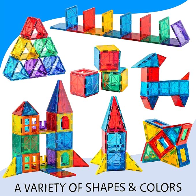 SUNNY AUNTIE Magnetic Tiles 56 PCS Building Set – Magnetic Building Tiles STEM Toy for Kids & Toddlers Ages 3-8, Magnet Construction Set for Boys & Girls