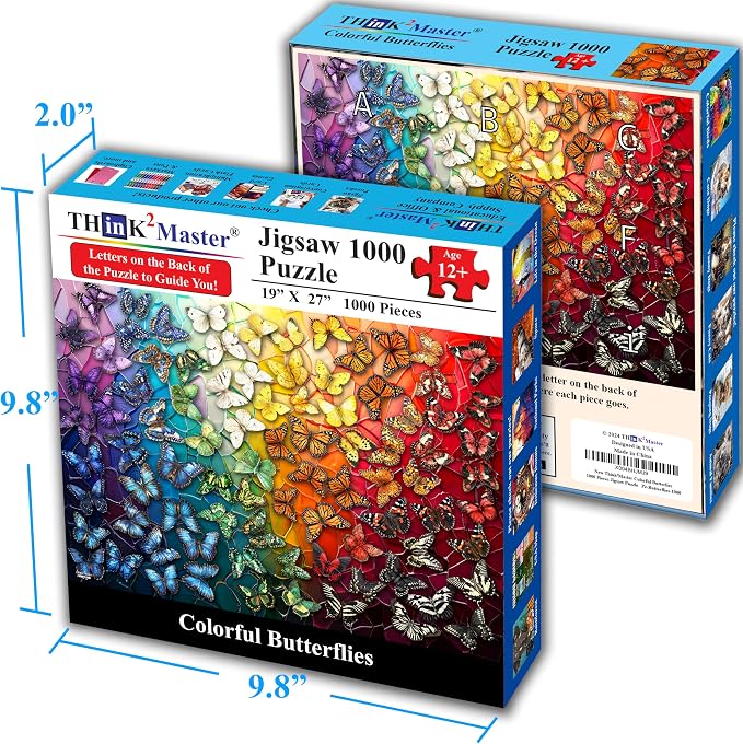 Think2Master Colorful Rainbow of Butterflies & Stained Glass 1000 Pieces Large Format Jigsaw Puzzle for Kids 13+, Teens, Adults & Families. Beautiful Vibrant Illustration Artwork Size: 26.8” X 18.9”