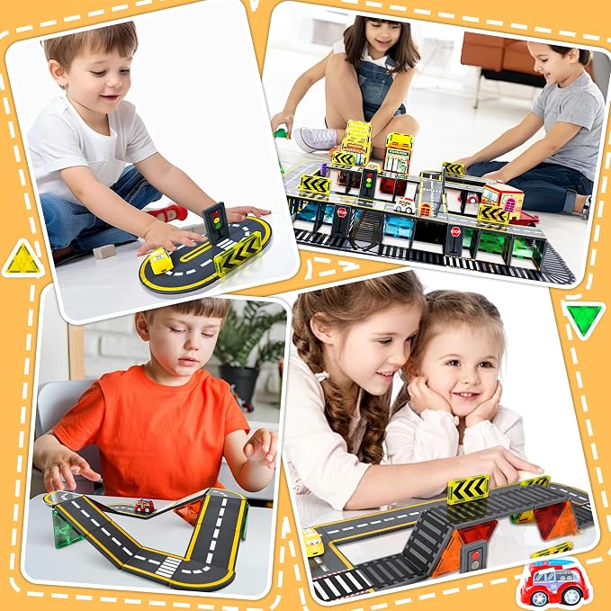 72pcs Upgraded Magnetic Tiles Road & Train Dual-Sided Expansion Pack, Magnetic Building Blocks Construction Toy for 3+Year Old Boys Girls, Kids Toys Montessori Toys for Toddler, STEM Learning Gifts