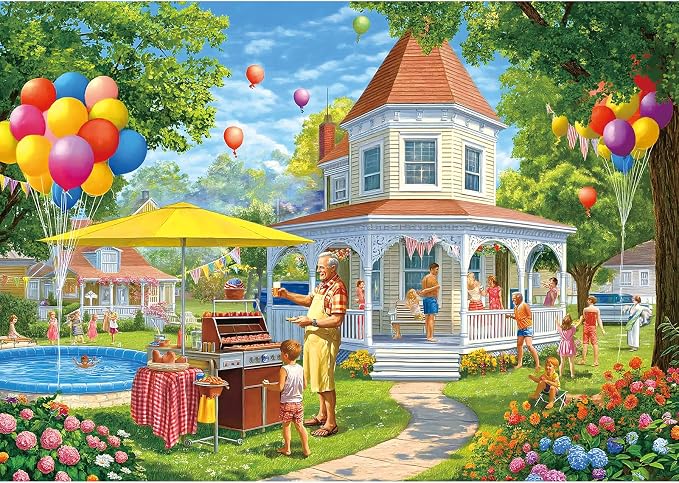 Summer Backyard BBQ Party 300 Piece Puzzles for Adults Pool Scene with Balloons Jigsaw Puzzle Letters on Back Fun Barbeque Family Challenge Seniors Puzzle for Game Night Gifts (17"×11")