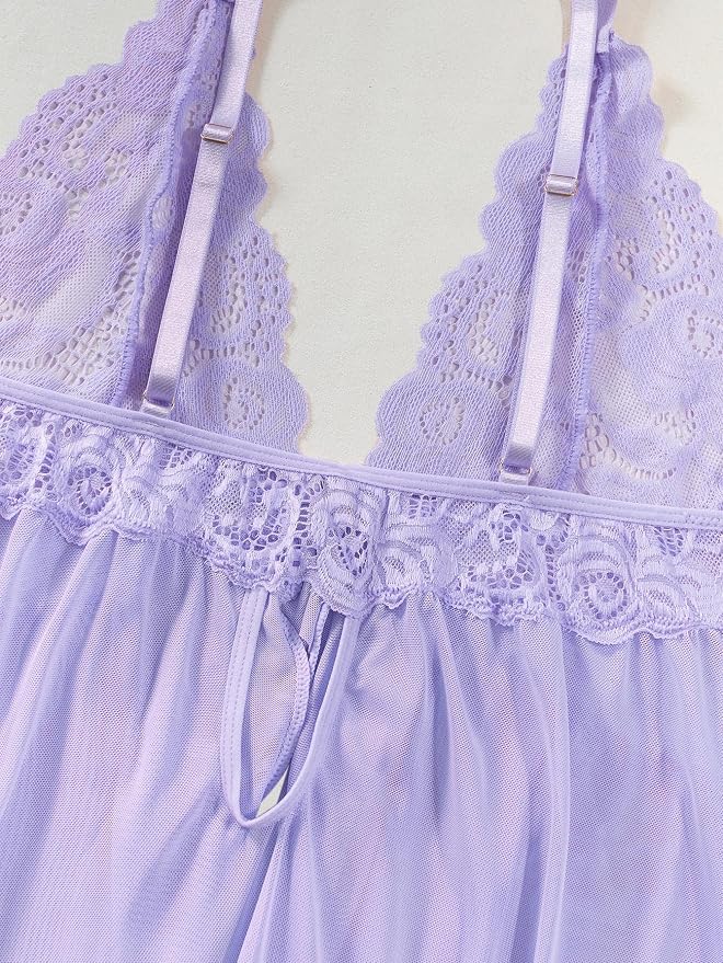 Foxiny Sexy Open Front V Neck Ruffle Sheer Mesh Lace Wireless Babydoll Lingerie Dress with Thong 2 Piece