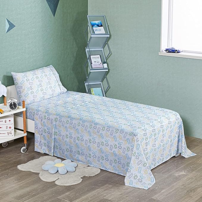 Viviland 4 Pieces Boys Grey Full Sheet Set - Soft Microfiber Fitted Flat Sheets & Pillowcase - Game Player Paddle Printed Bedding Sets - for Kids & Toddlers