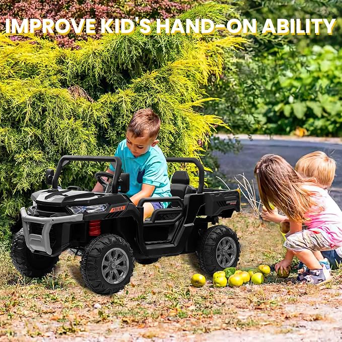 24V 4WD Ride on Truck Car w/4X200W Motor, Dump Bed, Gift Flower, 2 Seaters, Remote Control, 4 Wheeler, LED Light, Music, 24 Volt Ride on Toys for Big Kids Girls 3-8, Black