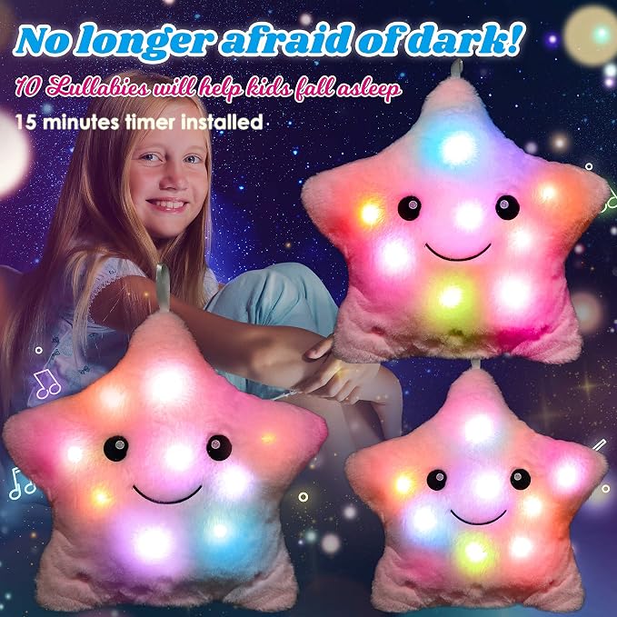 13" Musical Pink Star Plush Pillow Glowing Twinkle Night Light Stuffed Animal LED Toys Adjustable Volume Birthday for Girls Boys