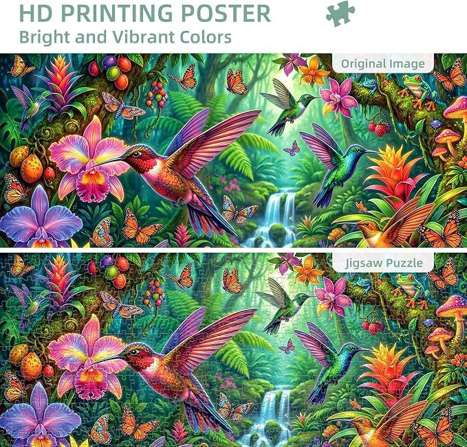 1000 Piece Puzzle for Adults, Hummingbird Garden Jigsaw Puzzles for Adults 1000 Pieces, Fun Challenging Family Puzzle with Letters on Back, Birds Flower Family Game Night Gift Puzzles for Adults