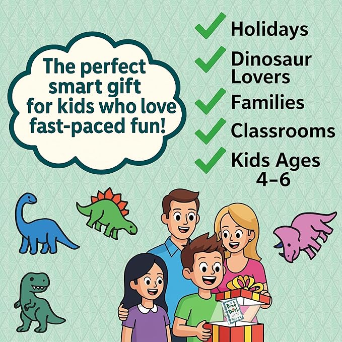 Niche Nation Games Dino Dash Dinosaur Card Game for Ages 4-6 - Quick-Counting Dino-Slapping Game Fast, Fun, and Frenetic - Smart Card Game for Kids 4-6 & 2-4 Players - Dinosaur Gifts