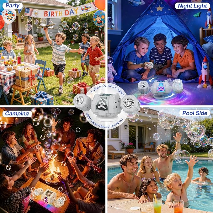 cossy Rechargeable Bubble Machine, 360° Automatic Rotation Bubble Machine for Kids, Bubble Maker with Remote Control, RGB Lights & 20000+ Bubbles Per Minute, Outdoor Toys Games for Kids/Adults (White)