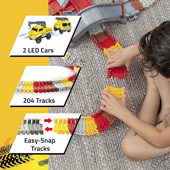 USA Toyz Snap Trax Construction Set Race Tracks for Kids and 2 LED Toy Cars- 251 Pk STEM Building Toys Bendable Race Car Track for Boys Girls, 3 Construction Trucks, Crane, Bridges, 2 Light-Up Trucks