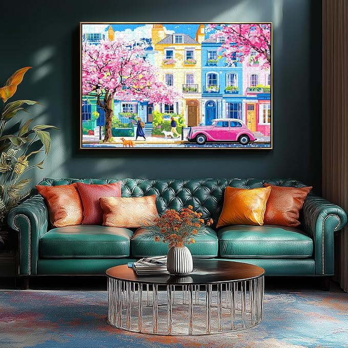 Puzzles for Adults 1000 Pieces Urban Cherry Blossom Spring Street and Pink Vintage Car Art Jigsaw Puzzle for Family Fun Challenging, Party Game Gifts Decoration (27.5" x 19.7")