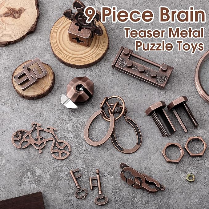 Wettarn 9 Pcs Metal Brain Teaser Puzzles 3D Steel Puzzle Set for Adults IQ Logic Challenge Disentanglement Unlock Interlocking Games Smart Logic Test Toys for Adults Mind Challenge(Elegant Style)