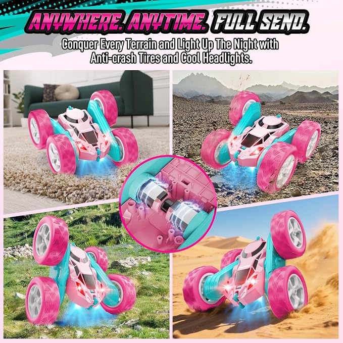 Hamdol Pink RC Car for Girls Age 6+, 360° Rotating Stunt Remote Control Vehicle with LED Lights, Upgraded 4WD USB-C Rechargeable Electric Toy, Perfect Birthday, Holiday