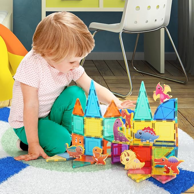 PicassoTiles Dinosaur Toys Magnet Tiles Building Blocks 8 Magnetized Action Figures Compatible Magnetic Construction Build and Play Tile Accessory Toy STEAM Educational Learning Toys Kids Ages 3+