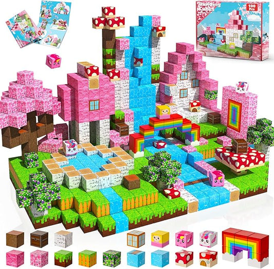 Goody King Magnetic Blocks|100PCS Magnetic Building Cubes,Unicorn Magnet Cubes for Kids Age 3 4 5 6 7 8 9 10, STEM Montessori Stacking Toy, Sensory Tiles Building Birthday Easter Gifts
