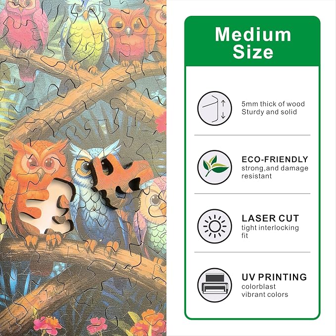 Hartmaze Wooden Jigsaw Puzzle - Owls Cozy Habitat, 178 Unique Irregular Pieces, 11.2x11.2 Inch, Exquisite Wooden Gift Box, Challenging Art Puzzle for Adults & Kids Ages 8 and Up