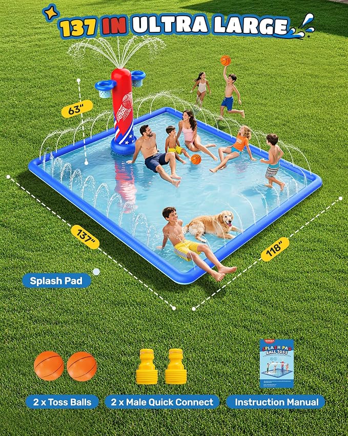 ODOSOLA 137x118'' Large Splash Pad for Kids 3-12 & Dogs, 2-in-1 Sprinkler Pad with Basketball Hoop/Ball Toss, Thickened Non-Slip Water Mat, Foldable Outdoor Summer Toy for Backyard/Pool/Beach