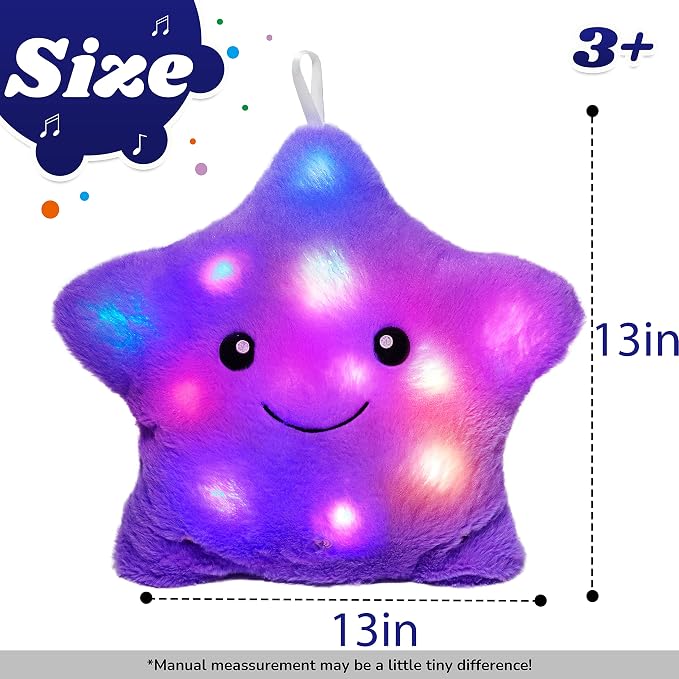 13" Musical Purple Star Plush Pillow Glowing Twinkle Night Light Stuffed Animal LED Toys Adjustable Volume Birthday for Girls Boys