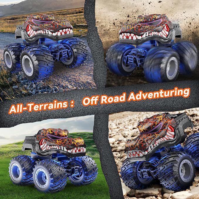 AUUGUU Remote Control Car, 2.4GHz Monster Trucks Toys with Light Spray, Birthday Gift for Kids 3 4 5 6 7 8, All Terrain RC Cars, Toddler Toys for Boys Girls 3+ Year Old (Crocodile)