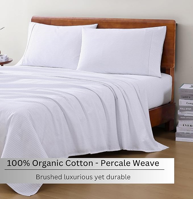 LANE LINEN 100% Organic Cotton Sheet Sets Queen Size, 4Pc Queen Size Cotton Sheets, Hotel Style Sheets, Bedding Sheets & Pillowcases, Queen Sheet Sets Deep Pockets Fits Upto 15" - Blue Ticking Stripe | Queen Sheets In Organic Cotton Percale - Breathabl...