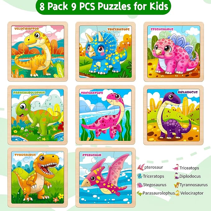 Wooden Dinosaur Puzzles for Toddlers, 8 Pack 9 PCS Jigsaw Puzzles for Kids, Wooden Puzzles for Toddlers 3-5, Dinosaur Toys for Kids 3-5, Preschool Puzzles Learning Educational Sets Toys